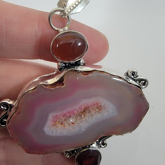 Handmade Silver Pendant Necklace with Pink Agate, Garnet & Jasper Cabochons - Picture 8 of 10